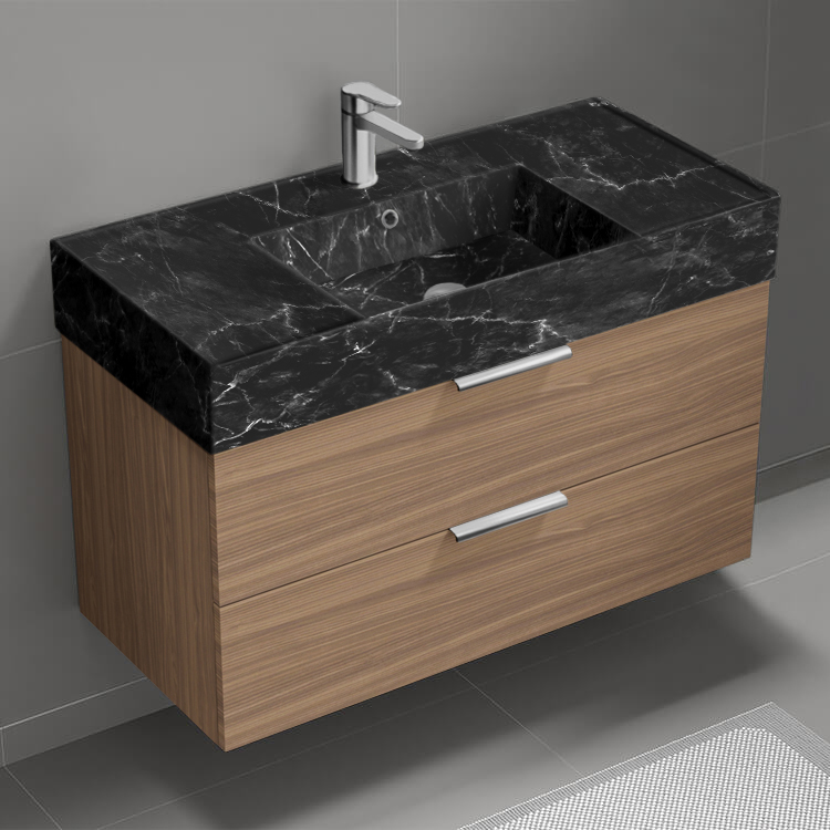 Nameeks DERIN920 Modern Bathroom Vanity With Black Marble Design Sink, 40 Inch, Wall Mounted, Walnut